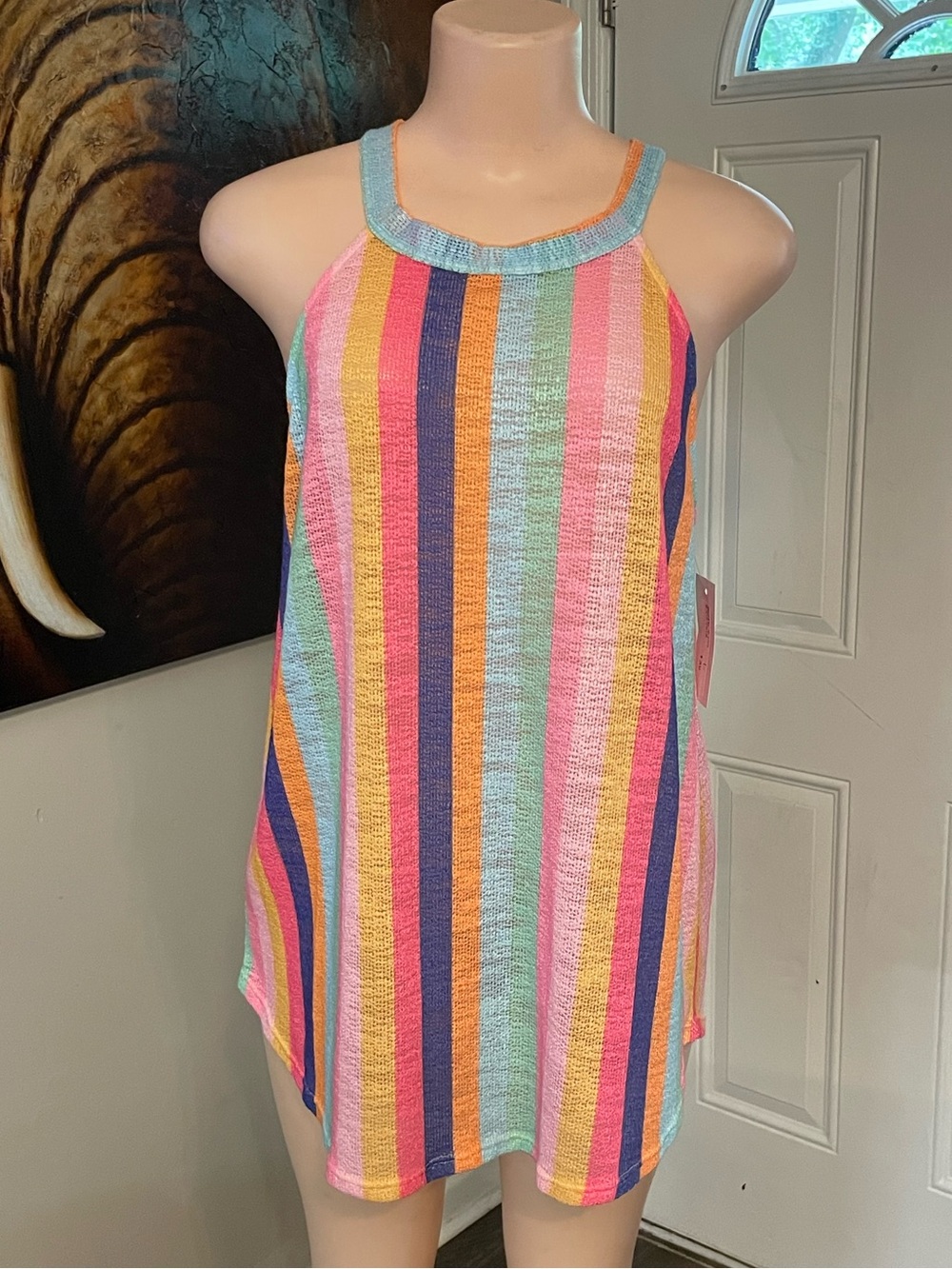 BiBi Bright Multicolor Vertical Stripe Tank Top shirt knit fabric pride Large